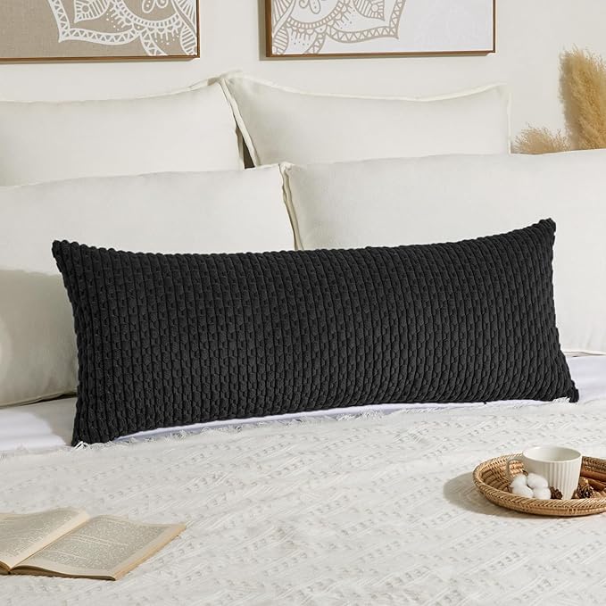 Kevin Textile 20x54 Inch Long Body Lumbar 1 Pack Boho Decorative Throw Pillow Cover Soft Striped Corduroy Rectangle Cushion Case Farmhouse Accent for Living Room Couch Sofa Bed, Black