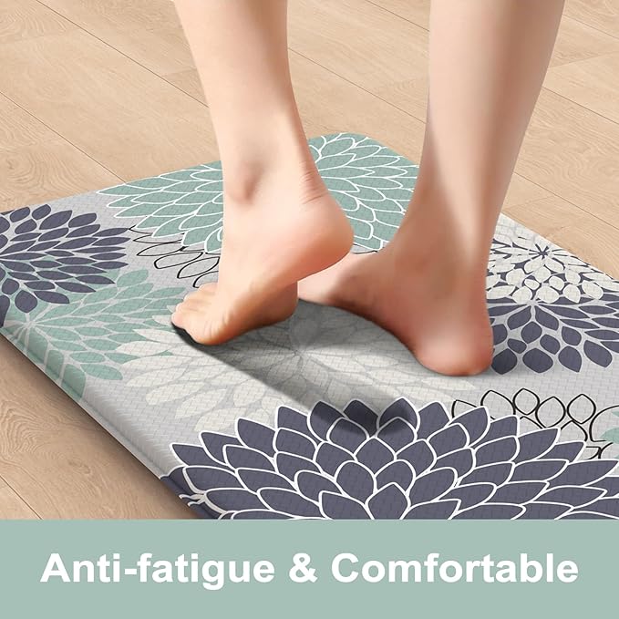 Anti Fatigue Kitchen Mat 2PCS,Boho Dahlia Floral Kitchen Rugs Non Slip Rubber Backing,Waterproof Farmhouse Kitchen Mat for Floor,Cushioned Standing Mat for Office,Laundry,Sink,Desk,Multi Cyan
