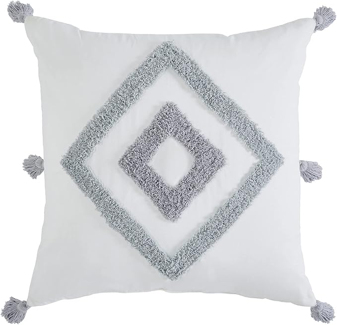 Indigo Ink - Decorative Pillow, Tufted Diamond Pillow with Tassels, Throw Pillows for Couch or Bed, Boho Home Decor, 20" x 20" (Tufted Medallion Collection, White/Grey)