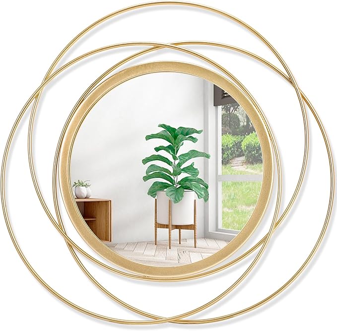 Gold Art Large Round Mirror with Iron Metal Wire Frame Wall-Mounted Mirror for Home Decor Living Room Bedroom Bathroom Entryway 16"