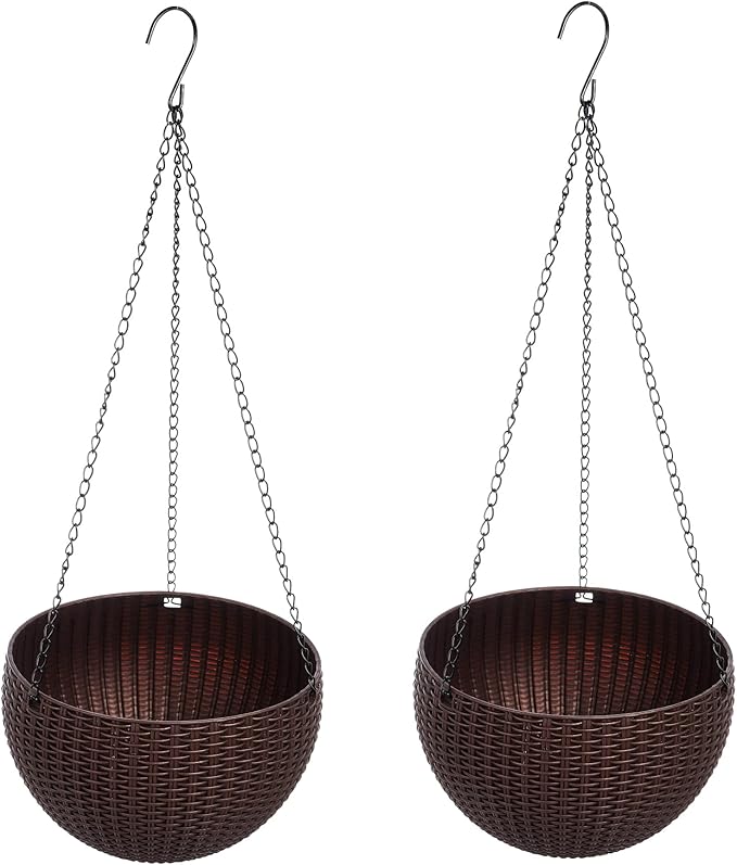 Hanging Basket Plastic Flower Pot Round Resin Garden Hanging Planter for Indoor Outdoor Plants 2 Pack Brown