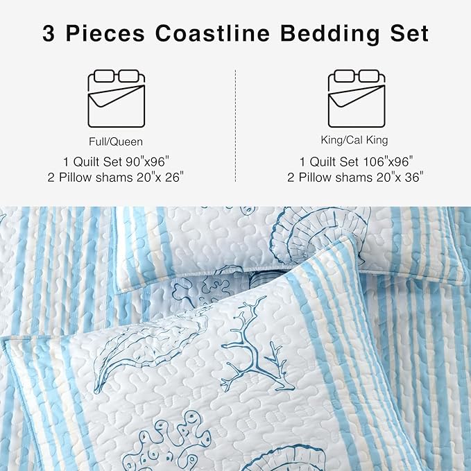 HORIMOTE HOME Coastal Quilt Bedding Set King Size, Striped Blue Summer Beach Quilt Lightweight Ocean Nautical Comforter Tropical Bedspread Coverlet with 2 Pillow Shams for All Seasons (106"x96")