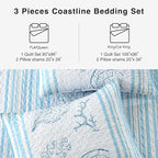 HORIMOTE HOME Coastal Quilt Bedding Set King Size, Striped Blue Summer Beach Quilt Lightweight Ocean Nautical Comforter Tropical Bedspread Coverlet with 2 Pillow Shams for All Seasons (106"x96")