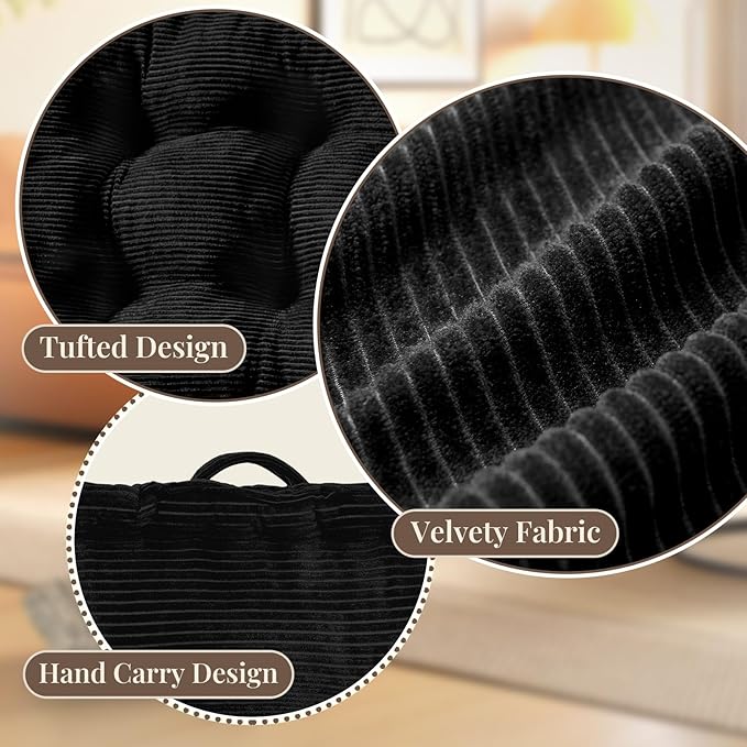Wellsin Square Floor Pillows for Adults Kids - Meditation Floor Pillow Seating Cushion - Tufted Floor Cushion with Shredded Foam & Velvet Cover, 2 Pack, 20x20 Inch, Black