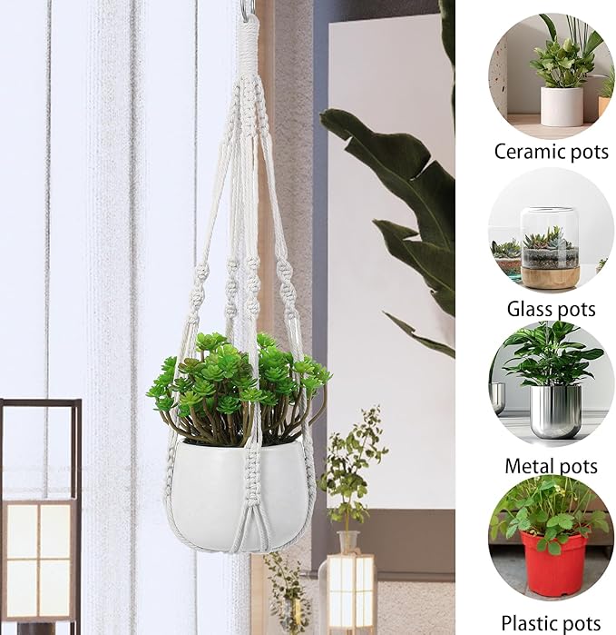 White Macrame Plant Hanger Set, 2 Pack Boho Hanging Plant Holder, Plants Hanger for Indoor Outdoor Home Decoration, 21 Inchs Braided Cotton Hanging Planters for Indoor Plants, No Tassels