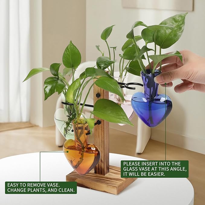 Plant Terrarium Propagation Stations with Wooden Stand, Glass Vase for Indoor Hydroponics Home Garden Office Decoration Gift for Women - 4 Love Bulb Vase