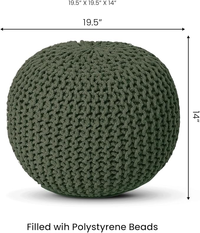 REDEARTH · Round Hand Knitted Pouf - Foot Stool Bean Bag Ottoman - Cord Boho Pouffe - Poof Accent Beanbag Footrest for Living Room - Bedroom - Patio - Lounge (19.5"x19.5"x14") - Olive, Set of 2