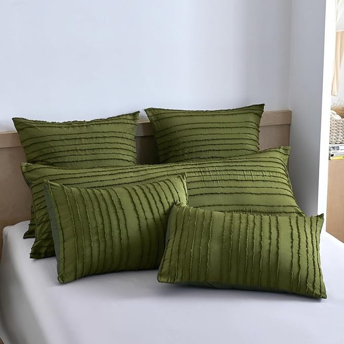 Queen Pillow Shams 2 Pack, Queen Size Pillowcases, Soft Microfiber Geometric Striped Tufted Pillow Covers with Envelope Closure, Green, 20x30 Inches