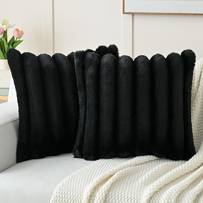 FUTEI Black Decorative Throw Pillow Covers 18x18 Inch Set of 2, Square Soft Faux Rabbit Fur Thick Striped Cushion Cover,Spring Home Decor for Couch Bed Living Room