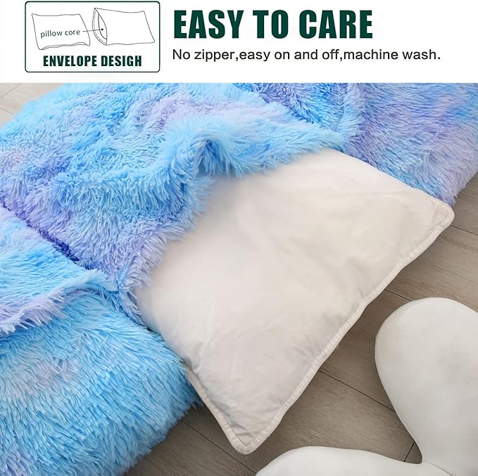 Mengersi Velvet Floor Pillows,Faux Fur Tie Dye Pillow Bed Floor Lounger Cover,Sleeping Mat for Kids Teen Toddler,Pillow Lounger for Reading Playing Games Party,Requires 5 Pillows(King,Blue)
