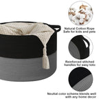 90L Large Blanket Basket,21.7"L x 21.7"W x 13.8"H Rope Woven Baskets with Handles, Toys Storage Bins,Laundry Basket Perfect for Living Room, Nursery,Bedroom,Home Organization,Black&Dark Grey
