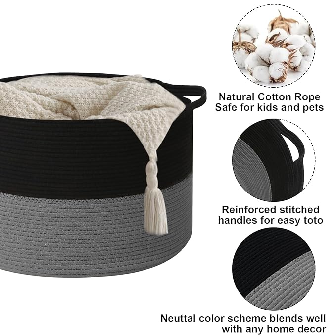 90L Large Blanket Basket,21.7"L x 21.7"W x 13.8"H Rope Woven Baskets with Handles, Toys Storage Bins,Laundry Basket Perfect for Living Room, Nursery,Bedroom,Home Organization,Black&Dark Grey