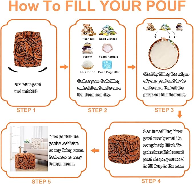 Asuprui Fluffy Flower Pouf Ottoman Cover Only – 20"x14" Round Plush Fuzzy Pouf Shell for Footrest, Stool or Floor Seat, Soft Removable Home Decor (No Insert Included) (Burnt Orange)