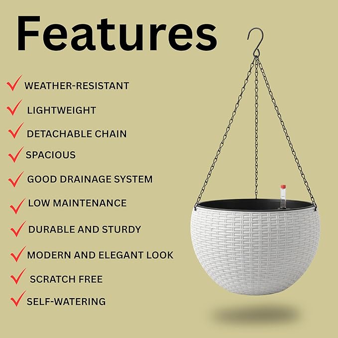 LaLaGreen Hanging Planters for Indoor Plants (11 Inch, 3 Pack) Self-Watering Round Flower Pots with Water Level Indicator, White Rattan Style Baskets with Metal Chain for Balcony, Porch Garden Outdoor