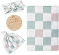 BabyWhale Muslin Swaddle Blanket with Hat and Headband Bow, Checkered Print Swaddle Set for Baby Boys ＆ Girls, Unisex Soft Receiving Blanket Wrap, Green Grey Checkered, 47x47 inches