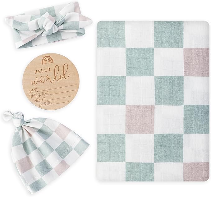 BabyWhale Muslin Swaddle Blanket with Hat and Headband Bow, Checkered Print Swaddle Set for Baby Boys ＆ Girls, Unisex Soft Receiving Blanket Wrap, Green Grey Checkered, 47x47 inches