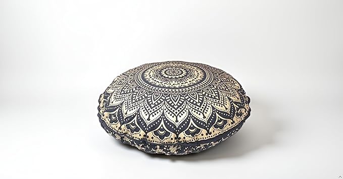 32" Gold Mandala Barmeri Large Floor Pillow Cover Cushion Meditation Seating Ottoman Throw Cover Hippie Decorative Zipped Bohemian Pouf Ottoman Poufs, Pom Pom Pillow Cases (Gold Black, 32 inch Round)