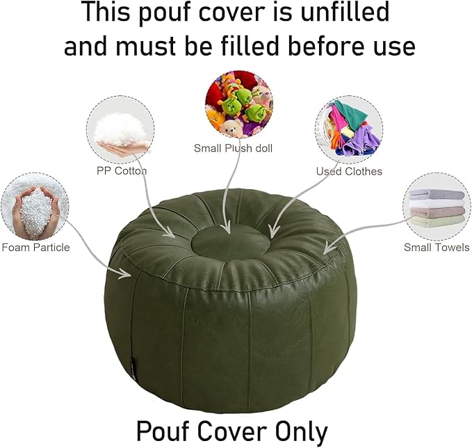 Louis Donné Waterproof Unstuffed Pouf Ottoman for Foot Rest DIY Faux Leather Moroccan Retro Stytle no Filler Cover Storage for Books Home docoration Pet priendly (Only Cover)(Lucky Green)