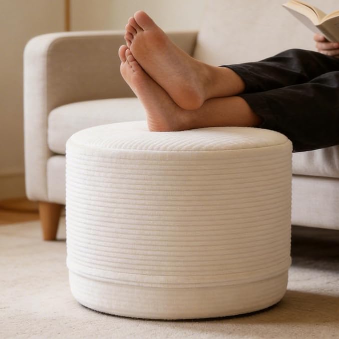 Thgonwid Corduroy Stuffed Round Pouf Ottoman, Foot Stool with One-Piece Cut High-Density Memory Foam, Furry and Fluffy Footstool, Compact Pouf Footrest for Living Room Bedroom, 17"x13", Cream White