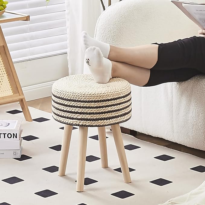 Cpintltr Round Ottoman Footstool Natural Seagrass Foot Stool Pouf Ottomans with Solid Wood Legs Hand Weave Hyacinth Footrest Step Stool for Living Room Balcony Garden Natural & Black