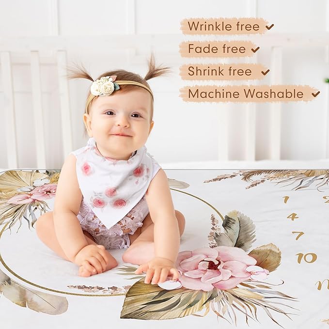 Chumia 6 Pcs Baby Monthly Milestone Blanket for Girl 60" x 40" Butterfly Milestone Blanket Age Photo Photography Backdrop with Newborn Calendar Growth Chart Bib Headband(Beigh,Boho Pattern)