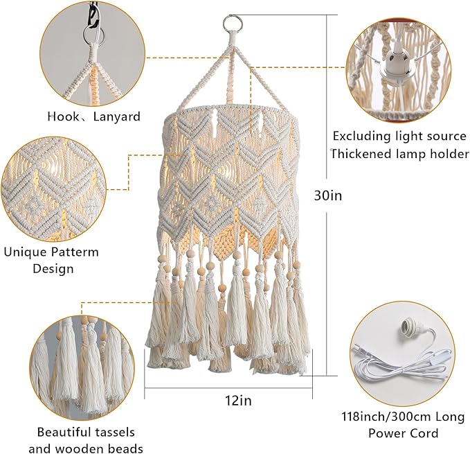 Bioaqua Boho Hanging Lamp Shade, Macrame Pendant Light, Handmade Boho Light Fixture with Plug-in Cord for Home Living Room, Bedroom, Kitchen