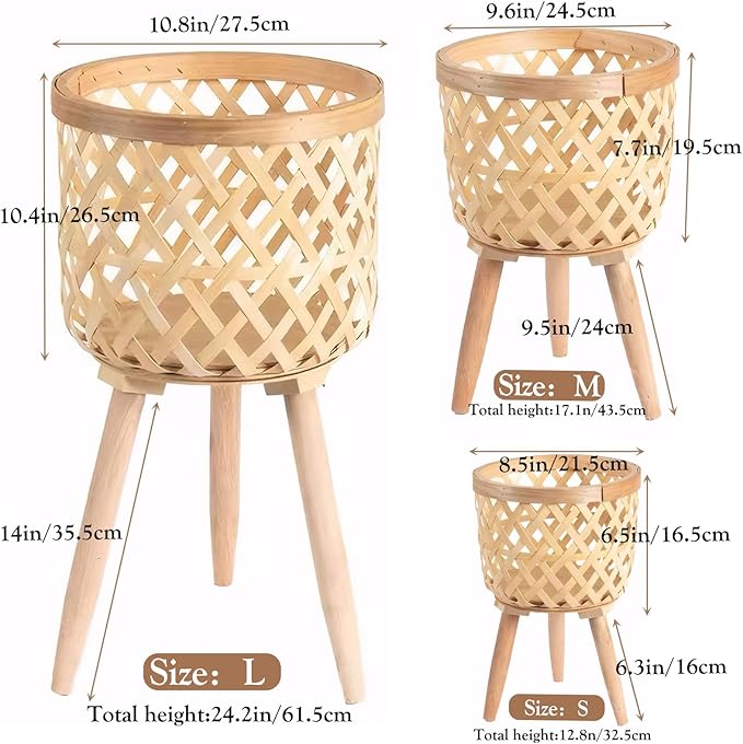 Boho rattan plant stand set of 2/3 – handwoven tall elevated wicker plant baskets for indoor plants, mid-century modern wooden planter holder with tripod legs,no-tool assembly，apartment gardening， farmhouse home decor, ideal gift for houseplant lovers
