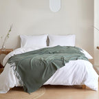 Simple&Opulence Boho Linen Throw Blanket for Bed, Couch, 50”x70” Pre-Washed Fringed Vintage Decorative Woven Blanket with Tassels, Breathable Durable Cozy Farmhouse Decor for All Seasons(Olive Green)