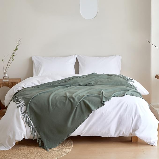 Simple&Opulence Boho Linen Throw Blanket for Bed, Couch, 50”x70” Pre-Washed Fringed Vintage Decorative Woven Blanket with Tassels, Breathable Durable Cozy Farmhouse Decor for All Seasons(Olive Green)