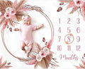 Floral Boho Baby Monthly Milestone Blanket Little Girl Bohemian Photo Prop Blanket Personalized Bliss Baby Present Pampas Grass Ideas for Newborn Princess Pinkk Nursery Décor 40" X 50"