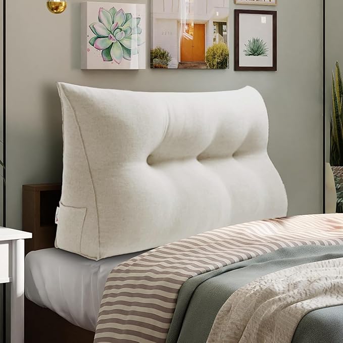WOWMAX Wedge Pillow Headboard Dorm Headboard Twin XL Bed Wedge Pillow Bolster Pillow for Bed with Removable Cover, 80% Cotton & 20% Linen Blend, Pure White