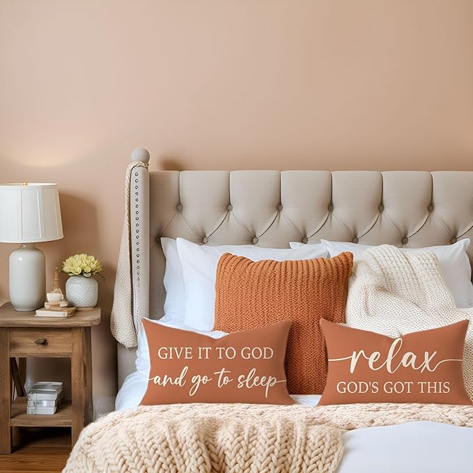 Rust Orange Fall Pillow Covers 12x20 Inch Set of 2 – Give It to God and Go to Sleep/Relax God’s Got This – Christian Throw Pillow Cover for Couch or Entryway