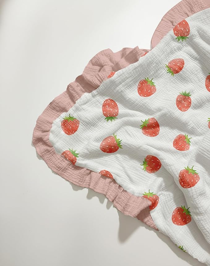 Muslin Ruffled Baby Blanket, Extra Large 52 x 52 Inches, Soft Breathable Cotton Crib Blanket for Newborn Infant Toddler (Blush Berry-Ruffled, Printed)