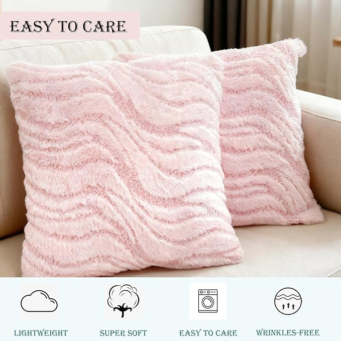 Pink Pillow Covers 18" x 18" Faux Fur Striped Decorative Pillow Covers for Couch Boho Fluffy Blush Throw Pillow Covers for Sofa Outdoor Bed Chair Livingroom - 2 Pieces