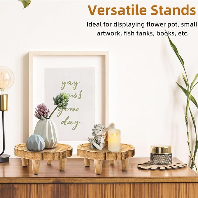 2 Pack Mini Wood Pedestal Stand, 8.5 Inch Small Plant Risers for Decor, Farmhouse Plant Stool Display Stand, Footed Pedestal Tray Plant Holder for Candles, Soap, Garden, Patio, Home, Kitchen, Bathroom