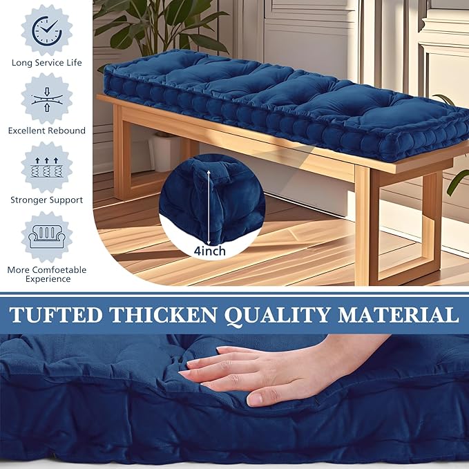 Bench Cushions for Indoor Furniture 40x20 in Velvet Kitchen Dining Piano Window Seat Cushion, Tufted Patio Porch Swing Thicken Bench Pad Memory Foam (Royal Blue)