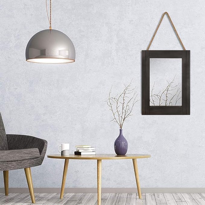 DECORKEY Rectangle Wall Mirror for Bathroom, Distressed White Wood Decor with Hanging Rope for Rustic Home Decor, Vanity, Living Room 12"×16"（Black）