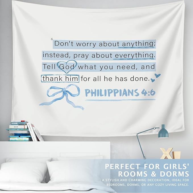LIANGW Blue Bible Verses Christian Tapestry, Based Blue Room Decor Aesthetic, Inspirational Christian Tapestry for Women, Bible Bow Aesthetic for Girls Bedroom for Dorm Room 50x60 Inch
