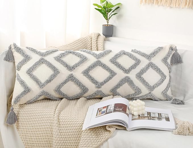 PANOD Decorative Long Lumbar Pillow Cover 14x40 Boho,Super Soft Chenille Extra Long Lumbar Pillow Case Cover with Tassel for Bed Sofa Couch Farmhouse Livingroom,Grey,Modern Skinny