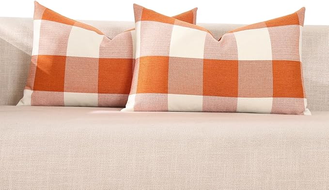 CARRIE HOME Burnt Orange Plaid Fall Lumbar Pillow Covers 12x20 Set of 2 Farmhouse Buffalo Plaid Halloween Lumbar Pillows 12 x 20 Outdoor Farmhouse Decor for Couch Sofa and Patio
