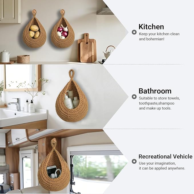 Hanging Fruit Baskets for Kitchen, 3 Pack Boho Cotton Rope Handwoven Vegetable Storage Wall Mounted Large Organizing Basket for Farmhouse Decor, Onion, Potato, Garlic and Plants (Caramel)