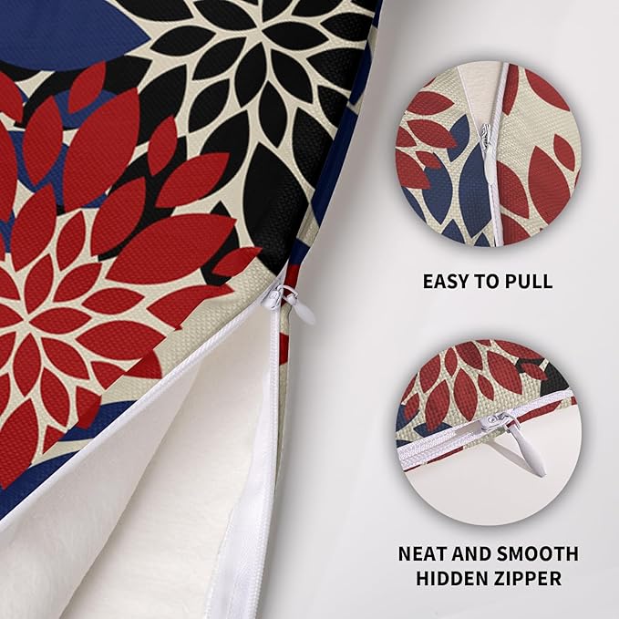 4th of July Pillow Covers 16X16 Inch Set of 2, Blue Red Black Modern Dahlia Floral Print Holiday Decorative Throw Pillow Covers Outdoor Farmhouse Cushion Case for Couch Sofa Bed Decor