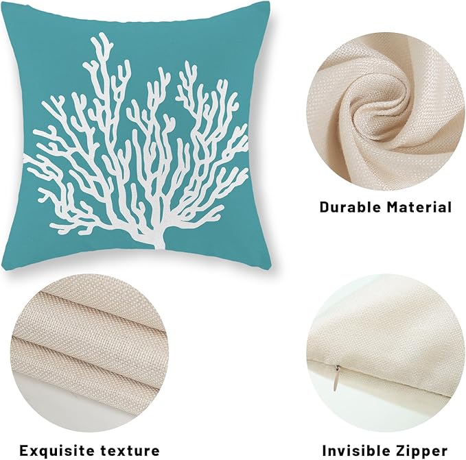Coastal Pillow Covers 18x18 Set of 2 Aqua Teal Turquoise Coral Starfish Throw Pillows Nautical Ocean Decorations Summer Linen Beach Pillowcase Outdoor Decor Farmhouse Cushion Case for Couch
