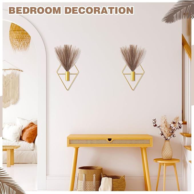 Jexine 2 Pcs Hanging Planters with Artificial Plants Metal Hanging Vase Indoor Plants Holder Modern Geometric Boho Wall Decor for Living Room Home Office(Gold, Brown Pampas)