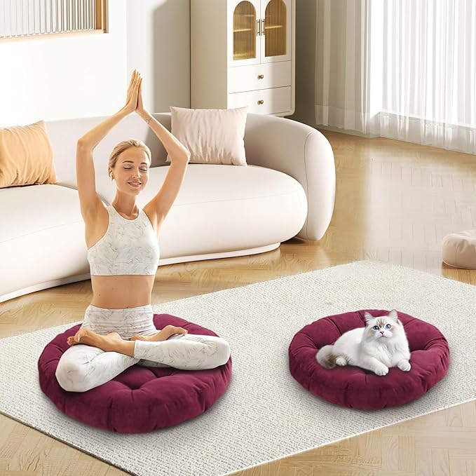 Meditation Floor Pillow Set of 2 Large Round Floor Cushions for Adults Tufted Corduroy Floor Seat Pillows Cushion for Living Room Tatami Yoga,Brown 22x22 Inch