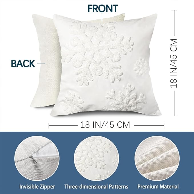 Winter Snowflake Embroidery Decorative Throw Pillow Covers 18 x 18 Set of 2, Tufted Snow Porch Outdoor Home Decor, Plush Faux Fur Jacquard Sofa Couch Cushion Case