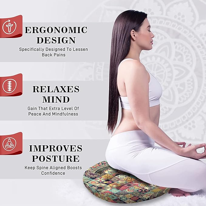 Mandala Meditation Cushion, Boho Meditation Mat, Meditation Pillows for Sitting on Floor, Cushions for Sitting in Home and Outdoor, Round Floor Pillows Cushion Seating for Yoga Accessories 22'' X 22''
