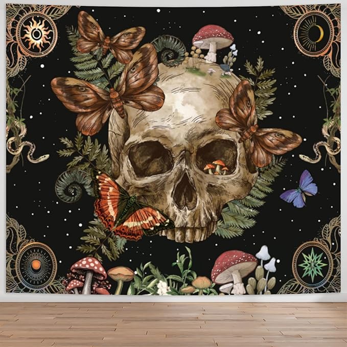 Avinyl Halloween Gothic Tapestry for Bedroom,Vintage Goth Skull Whichy Butterfly Floral Wall Tapestries, Skeleton Moth Mushrooms Poster Backdrop for Living Gaming Room Dorm Decor 51in X 60in