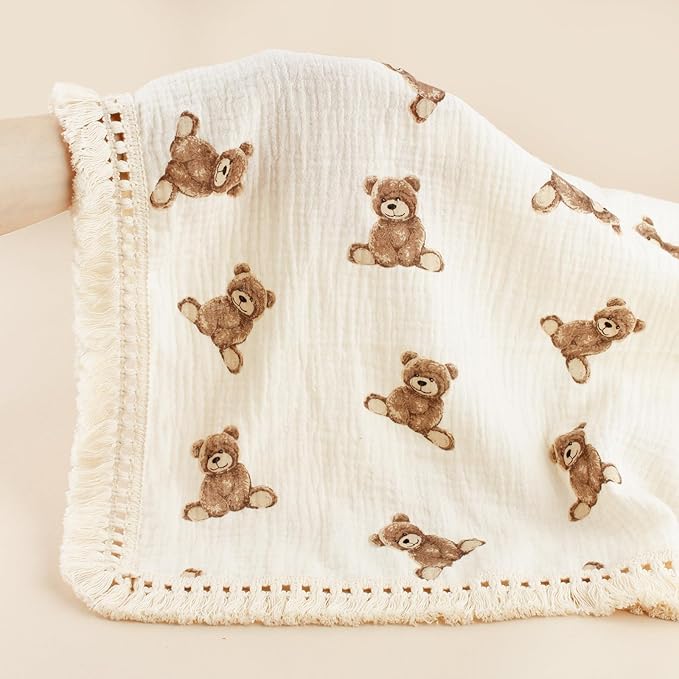 Little Jump Cotton Muslin Swaddle Blankets with Tassel, Boho Bohimia Muslin Baby Blanket Neutral with Fringe, Vintage Teddy Bear Nursery Decor Muslin Throw Blanket 47" x40" (Teddy Bears)