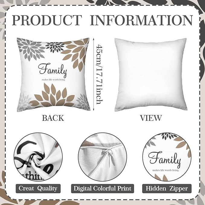 Tatuo 4 Pcs Flower Pillow Covers Square Spring Pillow Cushion Cases 18 x 18 Inch Family Faith Hope Love Words Decorative Summer Winter Cushion Case for Bed Couch Sofa Living Room(Brown Series)